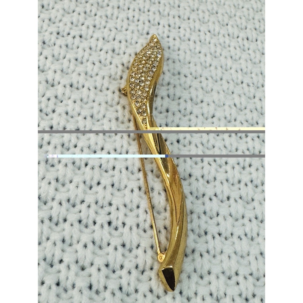 Vintage Christian Dior Gold Tone Rhinestone Curved Brooch Pin Signed Chr Dior